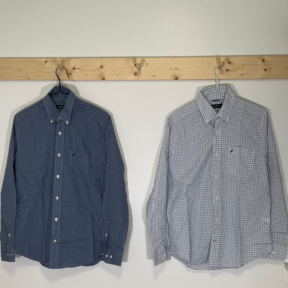 2 Nautica Men's Navy and White Plaid Button Down Shirts